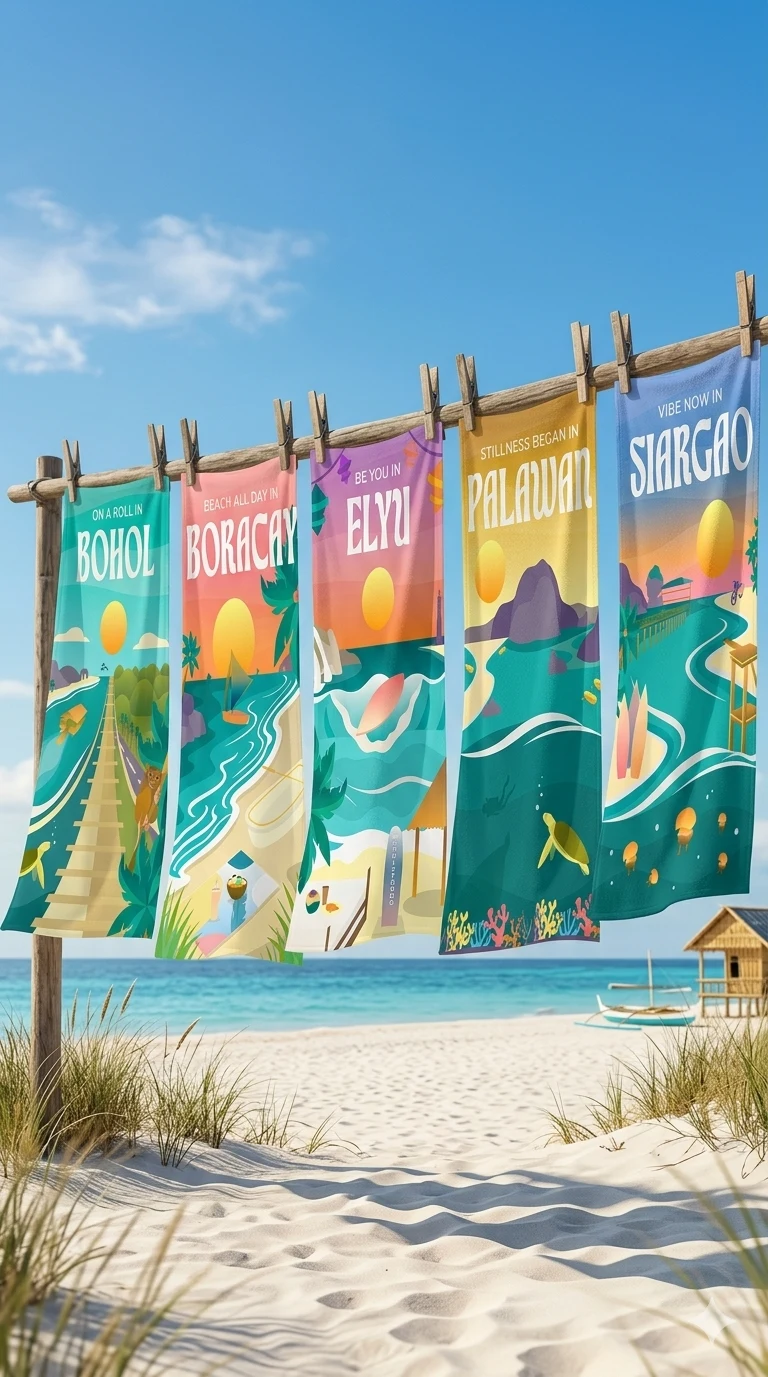 Styled illustration of five Islas Filipinas designs displayed on a beach